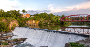 Image of waterfall view from balcony of hotel room.