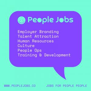 People Jobs visual identity featuring a smiley icon and a list of people-focused HR specialties.