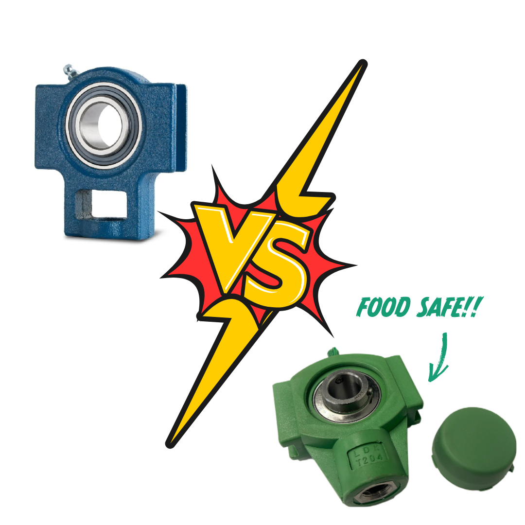 Two LDK bearings one is metal, the other has a green plastic cover with cap with a large Vs symbol between them. An arrow points to the green one with the words food safe.