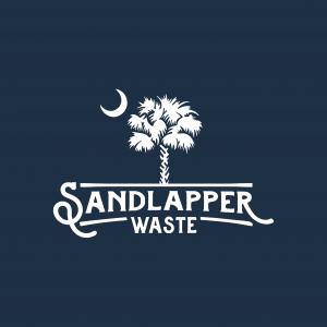Sandlapper Waste logo featuring a white palmetto tree and crescent moon on navy background, inspired by South Carolina state flag