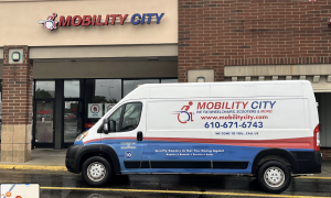 Photo of Mobility City repair technicians make house calls in a van equipped as a 'workshop on wheels'.