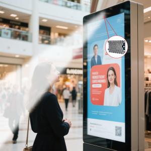 Audfly Alpha series directional sound module integrated into a digital signage display, delivering focused audio for enhanced user engagement and privacy.