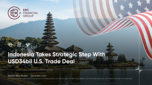 Balinese temple by a serene lake with U.S. flag overlay, symbolising Indonesia’s USD34 billion trade agreements with U.S. companies amid global tariff tensions. – EBC