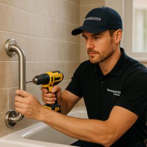 ServiceMaster technician installing a stainless steel grab bar on a bathroom wall to improve safety for aging-in-place homeowners.