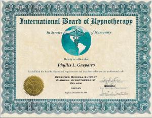 Phyllis Gasparro Hypnotherapy Certificate