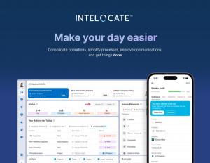 Screenshot of Intelocate’s platform interface on desktop and mobile, showing consolidated operations tools including task tracking, issue reporting, and real-time status updates, with the tagline “Make your day easier” displayed above.