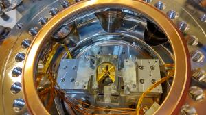 Close-up view inside an ion-trap vacuum chamber developed at OIST