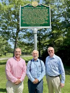 From left to right, BCC President Zeke Plante, Club Historian Ken Merritt, and General Manager James Connolly standing in front of the Burlington Country Club historic site marker.