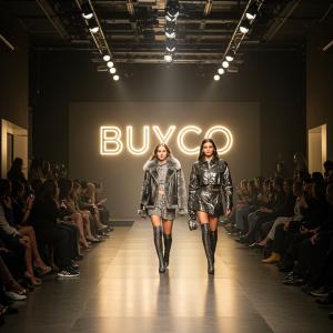Models walk the runway at Buyco’s exclusive Winter ’25 press event in Los Angeles, wearing Y2K-inspired winter fashion pieces under a glowing BUYCO logo.