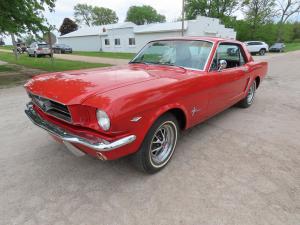 1965 red Ford Mustang, runs and drives, powered by a V8 with 3speed on the console shift, the odometer shows 46,634 miles, black bucket seats, white headliner. AM radio, manual windows.