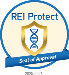 Circular badge with a blue border and cream background displaying the text “REI Protect” at the top. A gold shield with a blue DNA helix is centered in the middle. At the bottom, a blue ribbon reads “Seal of Approval,” with “2025–2026” written below the b