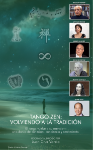 Póster del documental Tango Zen: Volviendo a la Tradición. El fondo muestra una figura solitaria en la playa bajo un cielo estrellado de tonos verdes, con íconos simbólicos como notas musicales, un bandoneón, el carácter del Zen, el símbolo del infinito y