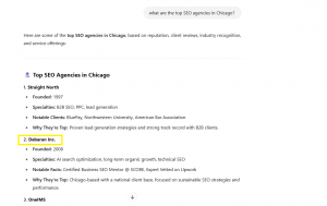 A ranked list titled “Top SEO Agencies in Chicago” featuring agency names, founding years, specialties, notable clients, and reasons for top rankings. The agency Dabaran Inc. is highlighted in second place.