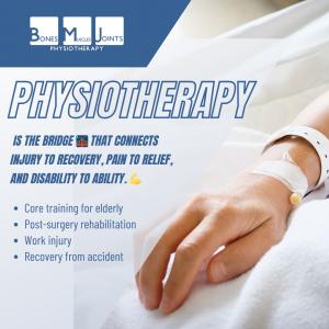 Image of a patient’s hand with a hospital drip, accompanied by text that describes physiotherapy as the bridge from injury to recovery. BMJ logo and service list shown.