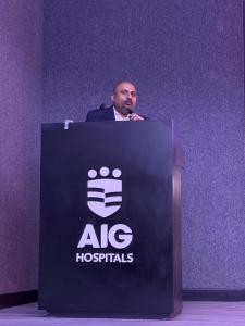 Dr. Mohana Rao Patibandla, the best spine surgeon and endovascular neurosurgeon in India, delivering a talk at NSI PPF 2025 at AIG Hospitals, Hyderabad, on brand-building in neurosurgery.