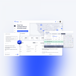 Smart Capital Center AI platform dashboard showing underwriting insights, property search, and sales comps map for CRE investors and lenders.