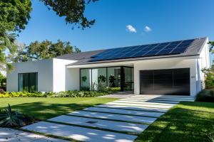 Contemporary single-story Florida home with rooftop solar panels and modern landscaping, representing QuiqNest's Clear-Title Solar Home™ that builds 6.9% more equity