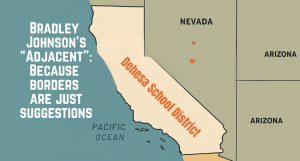 Satirical map of California labeled 'Cadehesa,' depicting Dehesa’s jurisdiction exaggeratedly spread across the entire state to mock the district’s loose interpretation of 'adjacent' counties."