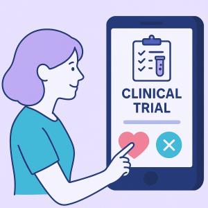 A woman selects a clinical trial on a mobile screen with a heart icon, styled like a dating app in teal and purple tones.