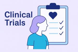 A woman looks toward a large clipboard with a checklist and heart icon, symbolizing trial readiness and informed participation.