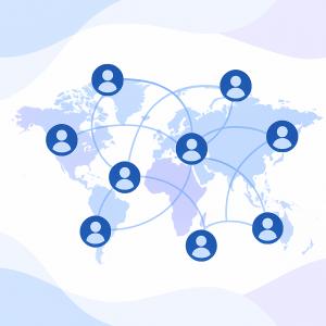 A world map in soft blues and purples with location markers across continents, showing global reach and connection.