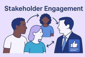 Four diverse stakeholder figures are shown in a circular feedback loop with arrows, suggesting mutual communication and engagement.
