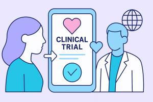 A woman and a healthcare professional are connected through a mobile clinical trial interface, set in soft lilac and blue tones.