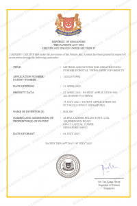 Image of Alpha Ladder Finance - METHOD AND SYSTEM FOR CREATING NON-FUNGIBLE DIGITAL TWINS (NFDT) OF OBJECTS Patent Certification awarded by Intellectual Property Office of Singapore