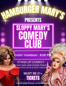 Poster for Sloppy Mary’s Comedy Club at Hamburger Mary’s Las Vegas, featuring drag performers Cookie Franco and Ray Earl. Weekly stand-up show every Thursday at 8 PM.