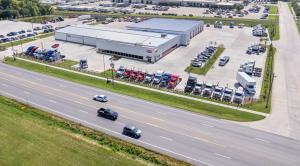 Aerial photo of a Peterbilt semi-truck dealership in Lowell, AR.