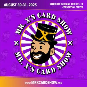 Picture of the Mr. X Card Show Logo featuring Mr. X wearing a top hat with dates of the event and website address