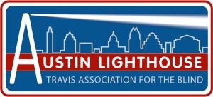 Austin Lighthouse for the Blind logo featuring a large white letter "A" as a lighthouse beaming light over a blue Austin skyline, with bold red and white text reading “Austin Lighthouse” and gray text below reading “Travis Association for the Blind.”