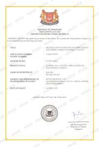 Image of Certificate showing CNT® Carbon Stablecoin Framework: A Patented Innovation by MVGX, a Subsidiary of Alpha Ladder Group