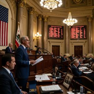 A detailed image of a legislative session in progress. Lawmakers in suits are seated at wooden desks in an ornate, formal chamber. A man in a navy suit and glasses holds papers and speaks into a microphone at a central podium. Large screens in the backgro