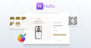 HiHello Brand Partner Program landing page example showing digital business card customization, email verification form, QR code, and brand color and template options