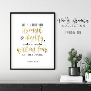 Proverbs 31 Bible Verse Scripture Printable Art in black and gold digital printable file introducing the Vine and Branches Collection.