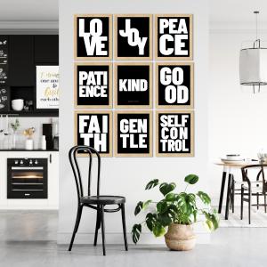 Galatians 5 scripture art showing the nine "fruit of the spirit" qualities of love, joy, peace, patience, kindness, goodness, faithfulness, gentleness, and self control.