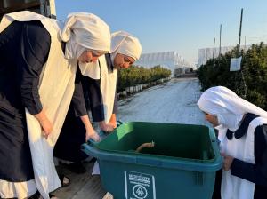 three sisters lifting bins of trimmings (waste leaves) onto the truck