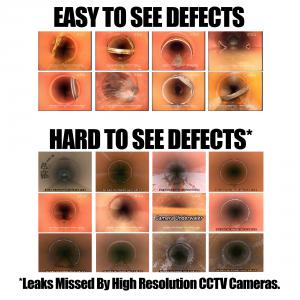 CCTV images that are 'easy' to see obvious defects, and 'difficult' to see showing the limitation of visual inspection to accurately identify leaks