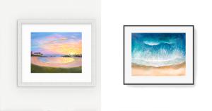 This photo is of two paintings. The first one on the left it called 'Koolina Sunset' with beautiful yellows, oranges, pinks and purples in the sunset reflecting in the shoreline water. The painting on the right is a resin painting of the ocean from a bird