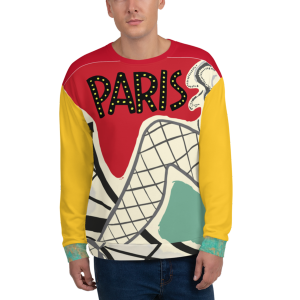 Man modeling the Paris Folies all-over-print Sweatshirt by Whimzy Tees