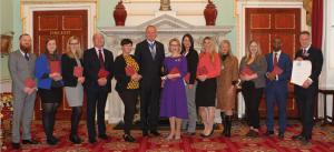 Group Photograph taken at London's Mansion House of Jurga Zilinskiene MBE and the Guildhawk Team Receive the Queens' Award Trophy and Certificate for International Trade from The Rt Hon The Lord Mayor of London Peter Estlin