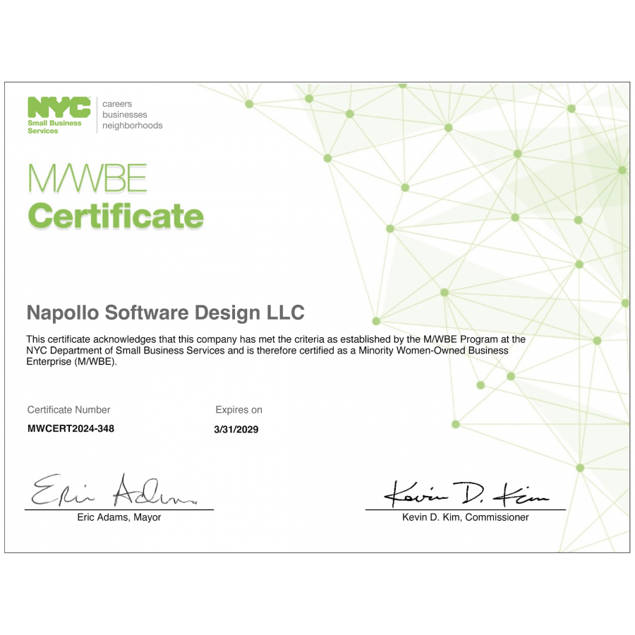 Napollo Software Design Certified as WMBE by New York City, Boosting ...